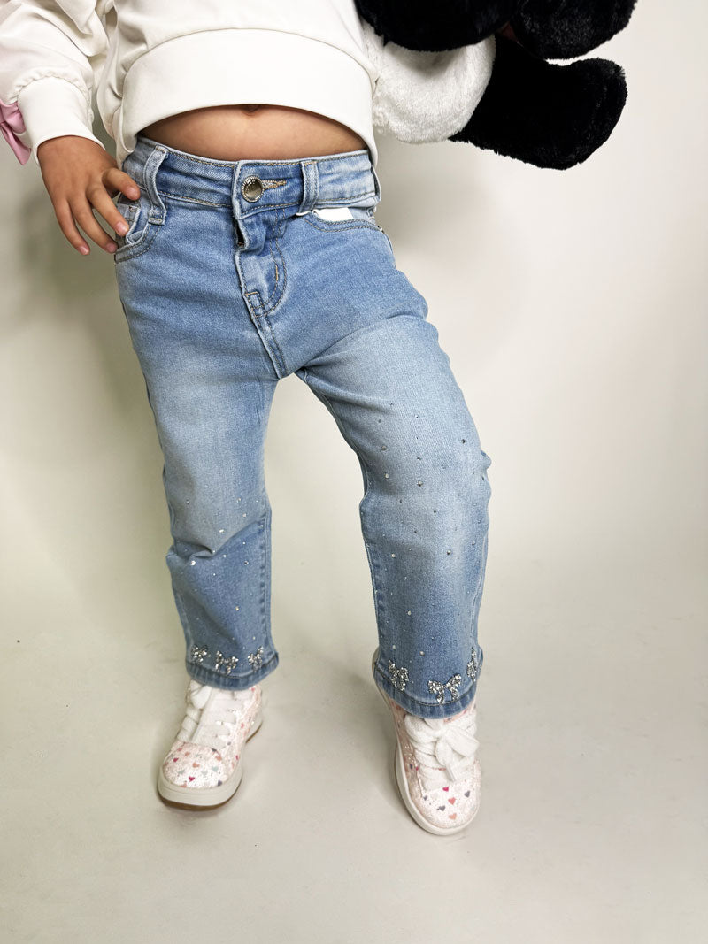Jeans Neonata strass fiocchi blu chiaro