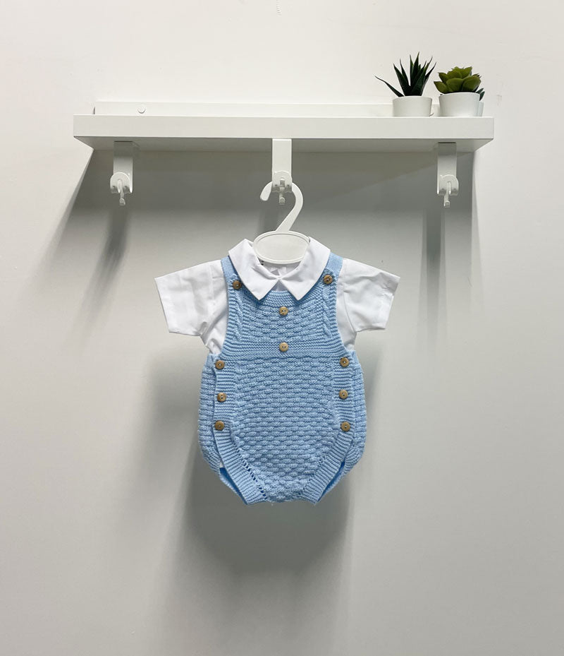 Completo neonato Pagliaccetto in maglia ricamato bottoni celeste