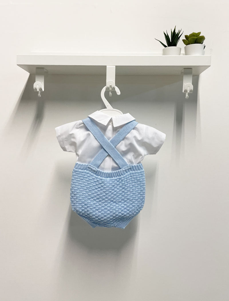 Completo neonato Pagliaccetto in maglia ricamato bottoni celeste