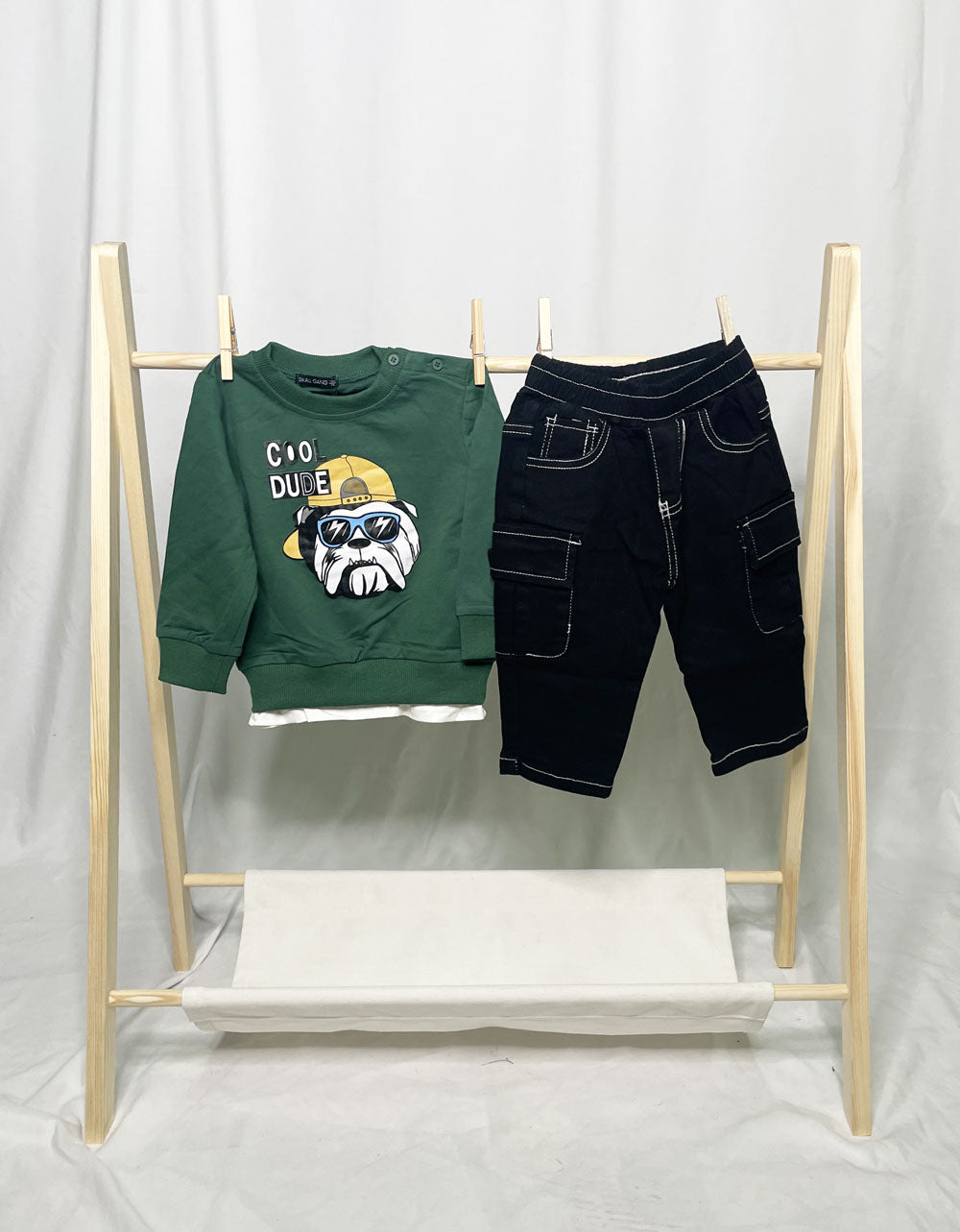 Completo Neonato Cool Dude dog cargo nero felpa verde