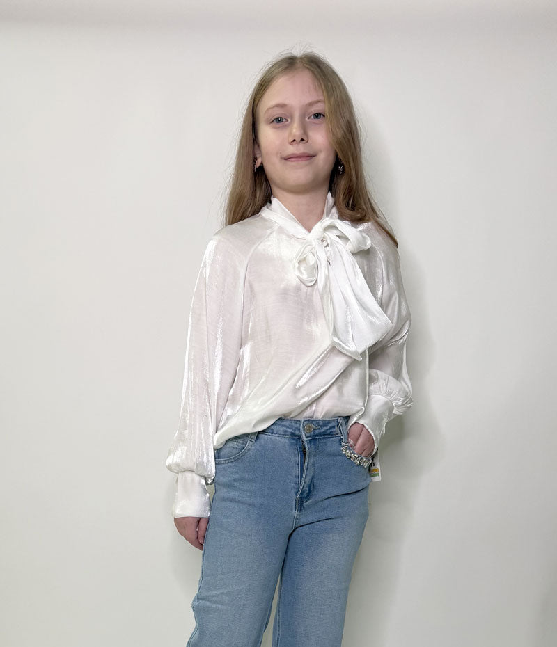 Camicia Bambina collo fiocco bianca