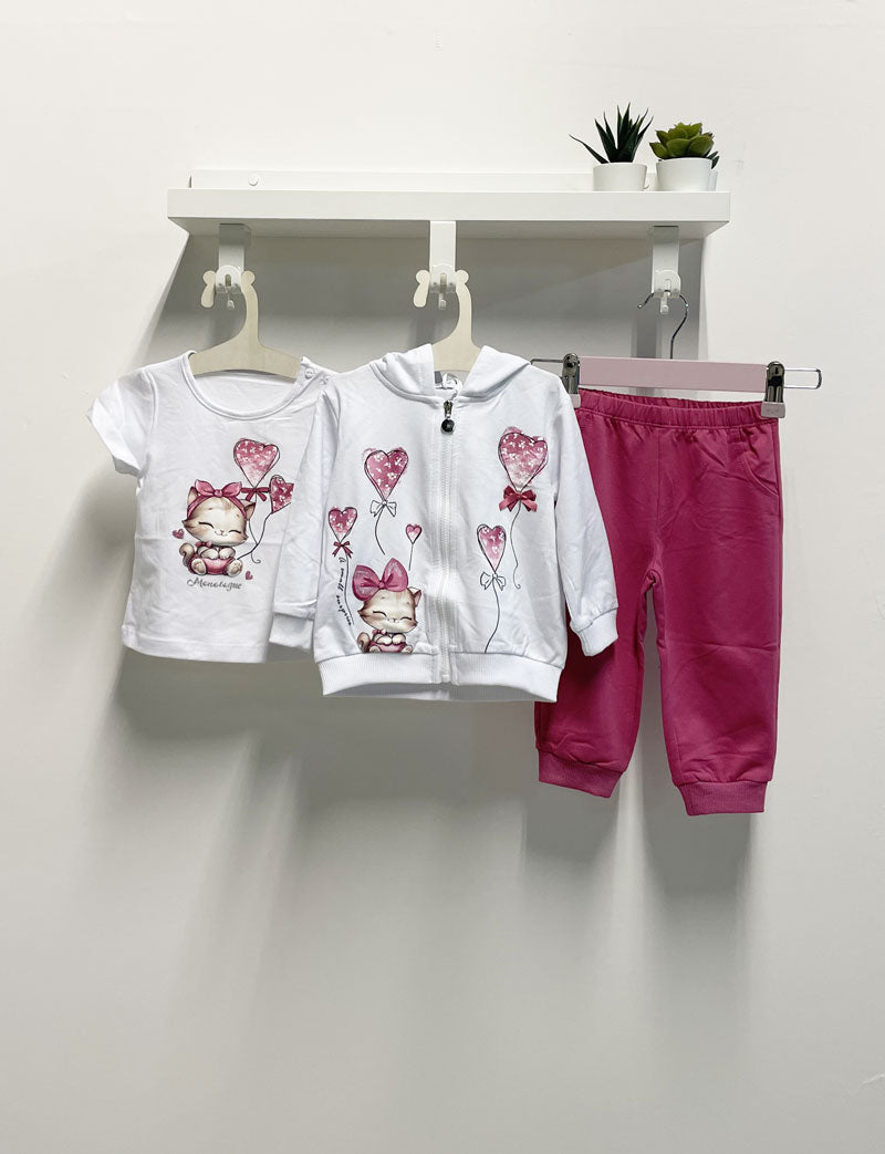 Completo Neonata Cat tre pezzi felpa bianco e fucsia