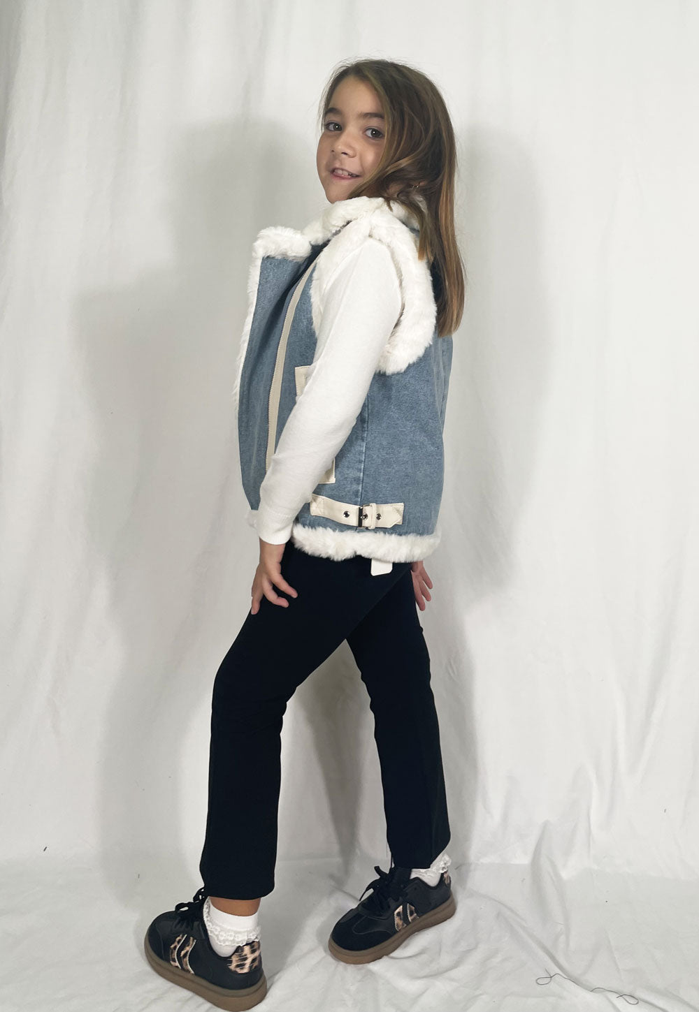 Street denim fur vest for girls