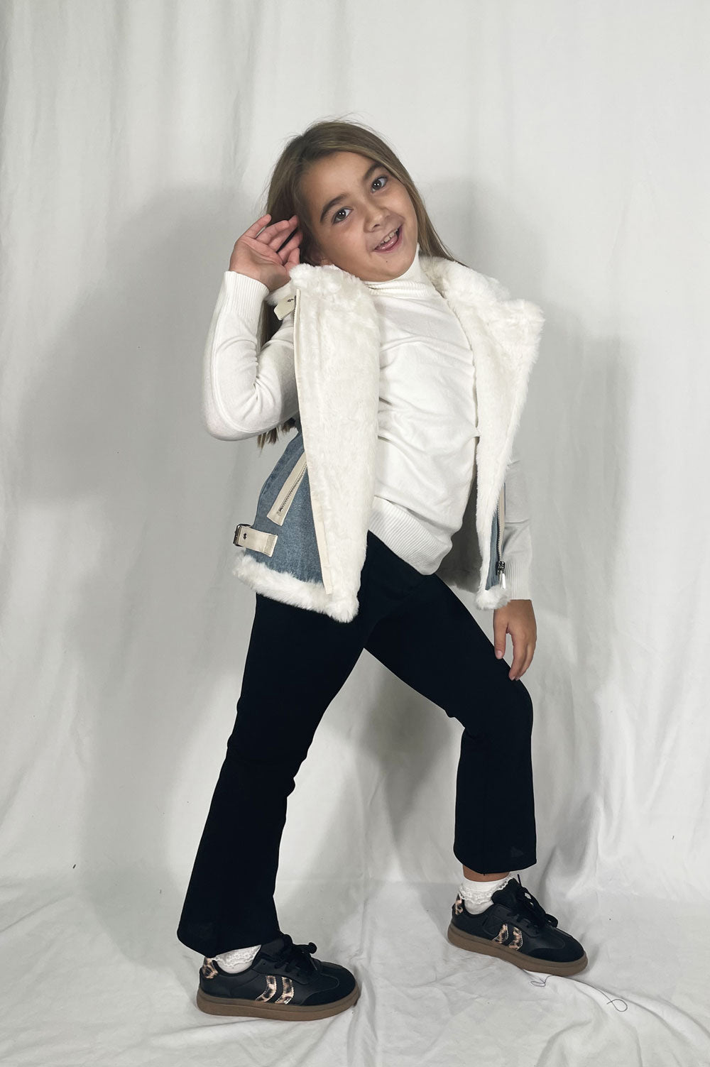 Street denim fur vest for girls