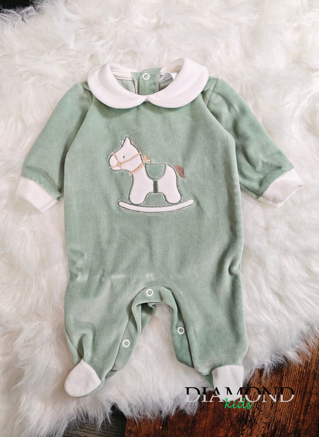 Tutina Neonata Cavallo a dondolo ciniglia verde salvia