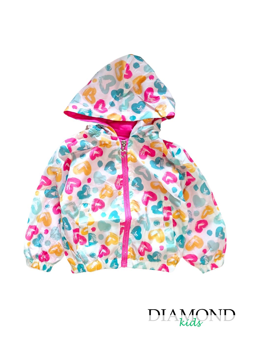 Giubbino Neonata Antivento cuori bianco e fucsia