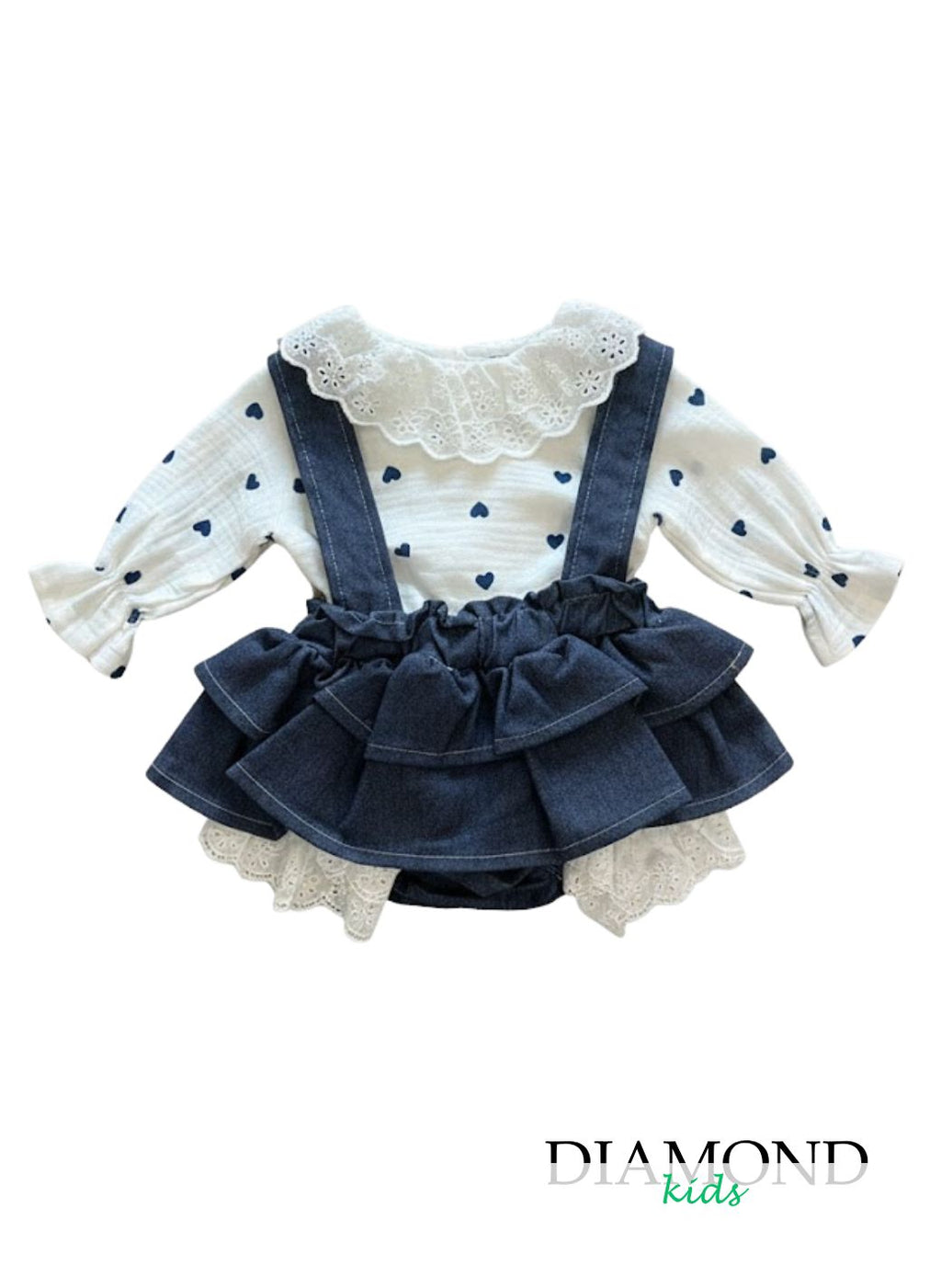 Completo Neonata denim cuori bianco blu