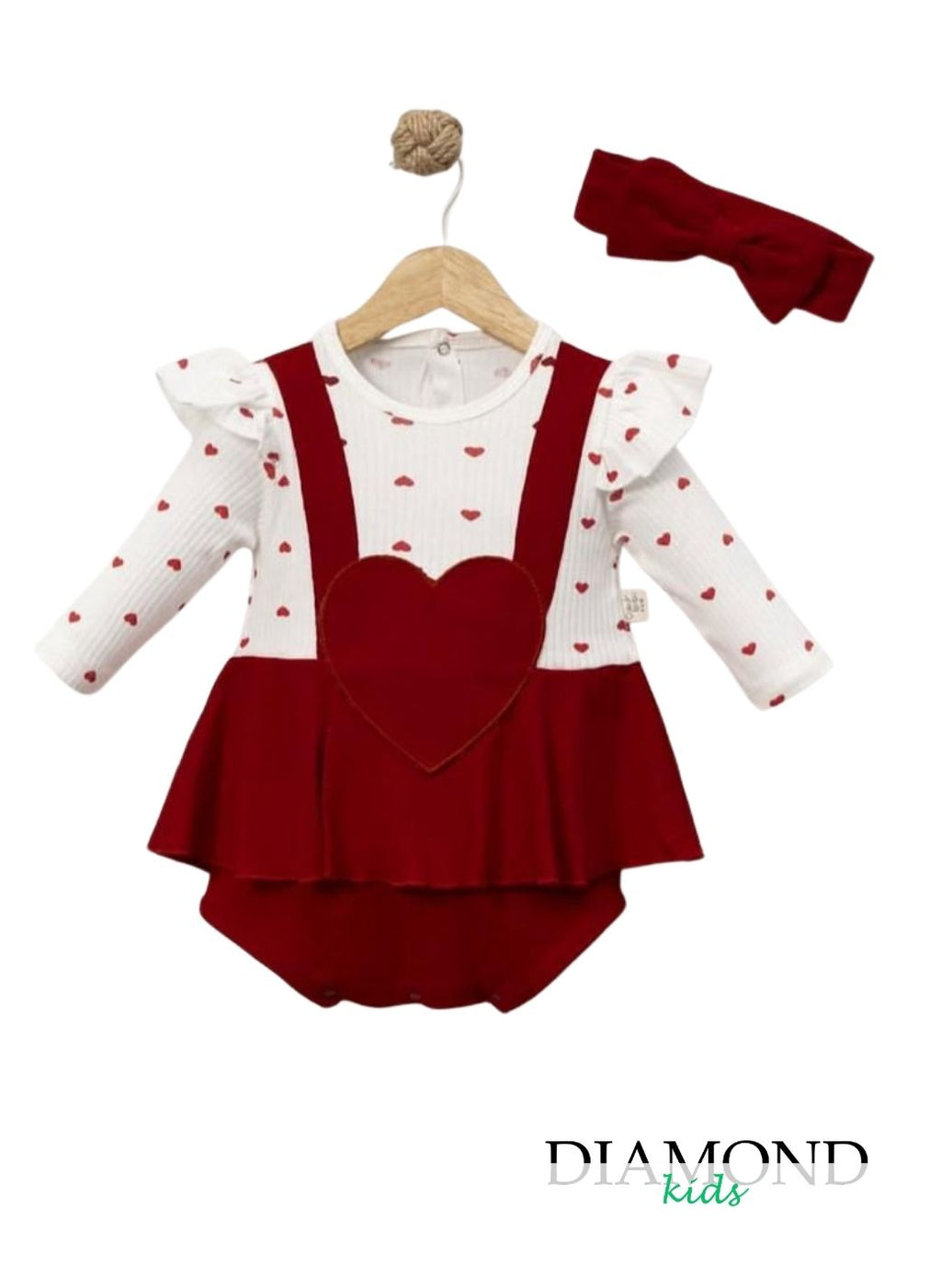 Completo Neonata Cuore Salopette bianco e rosso