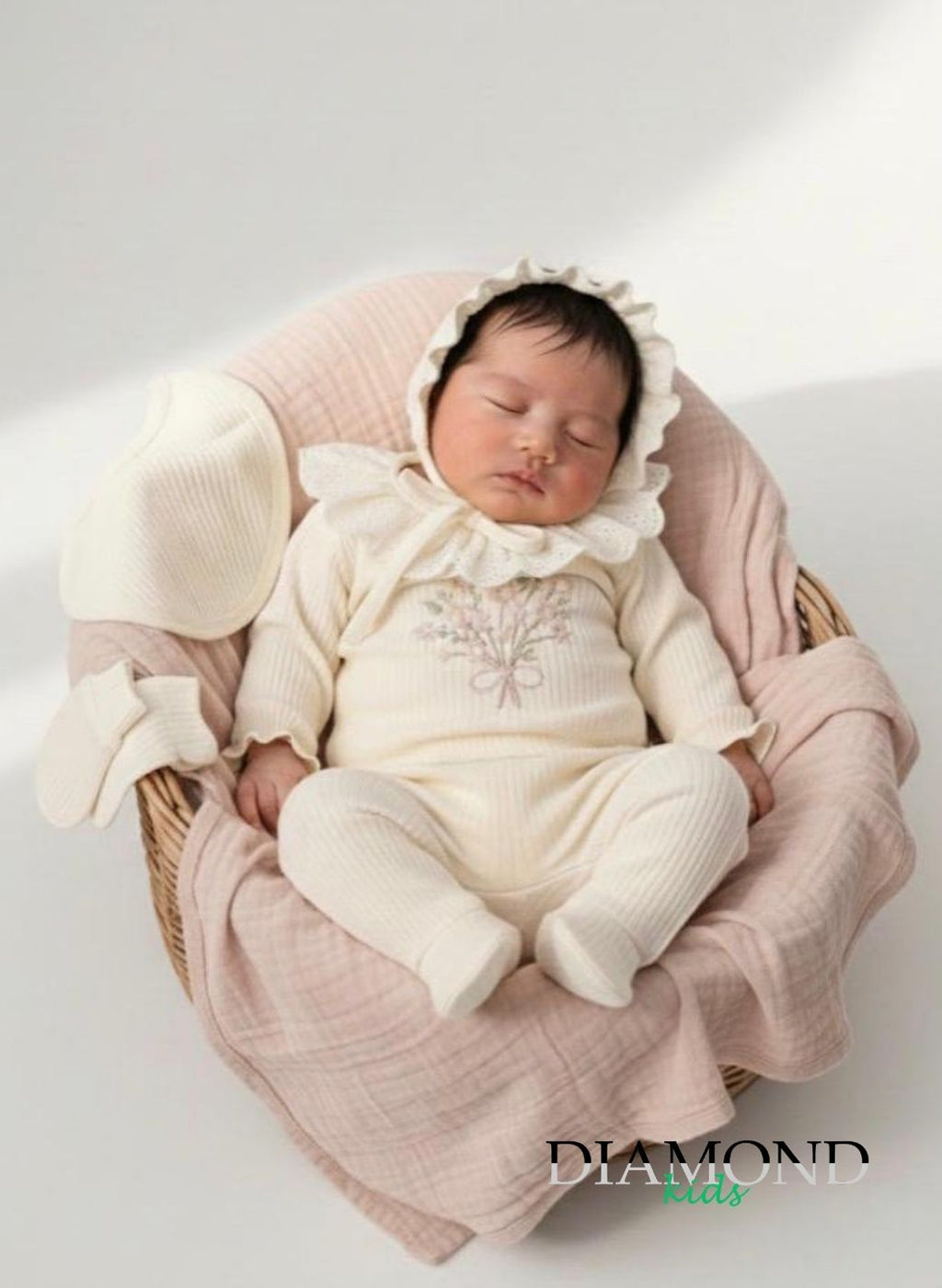 Completo Neonata Fiori pizzo panna