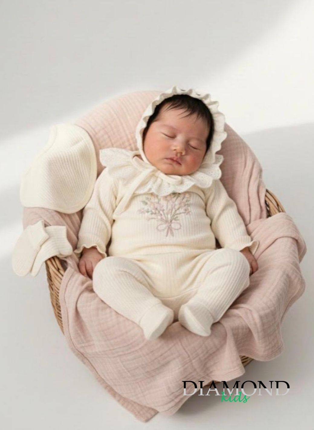 Completo Neonata Fiori pizzo panna