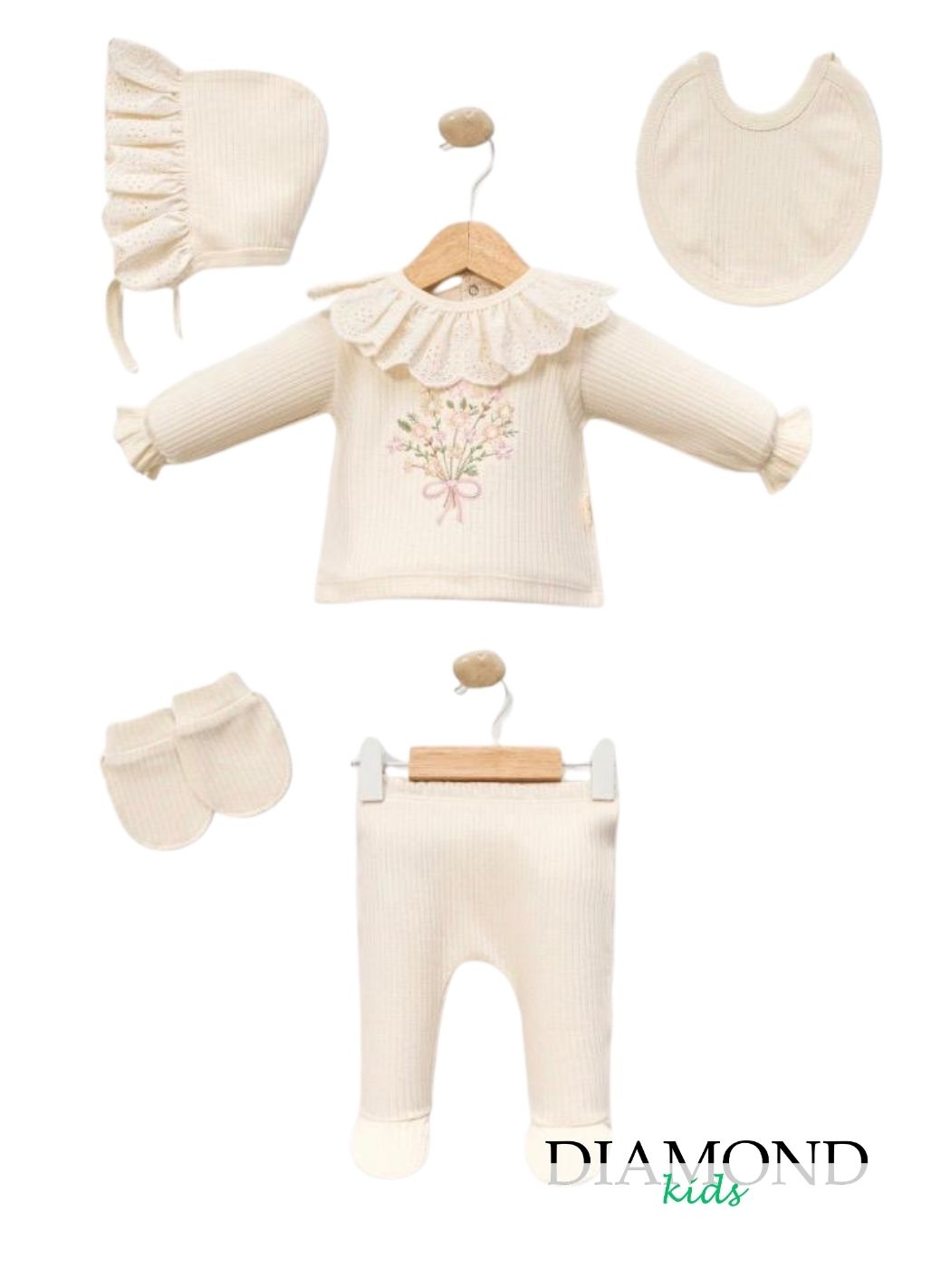 Completo Neonata Fiori pizzo panna
