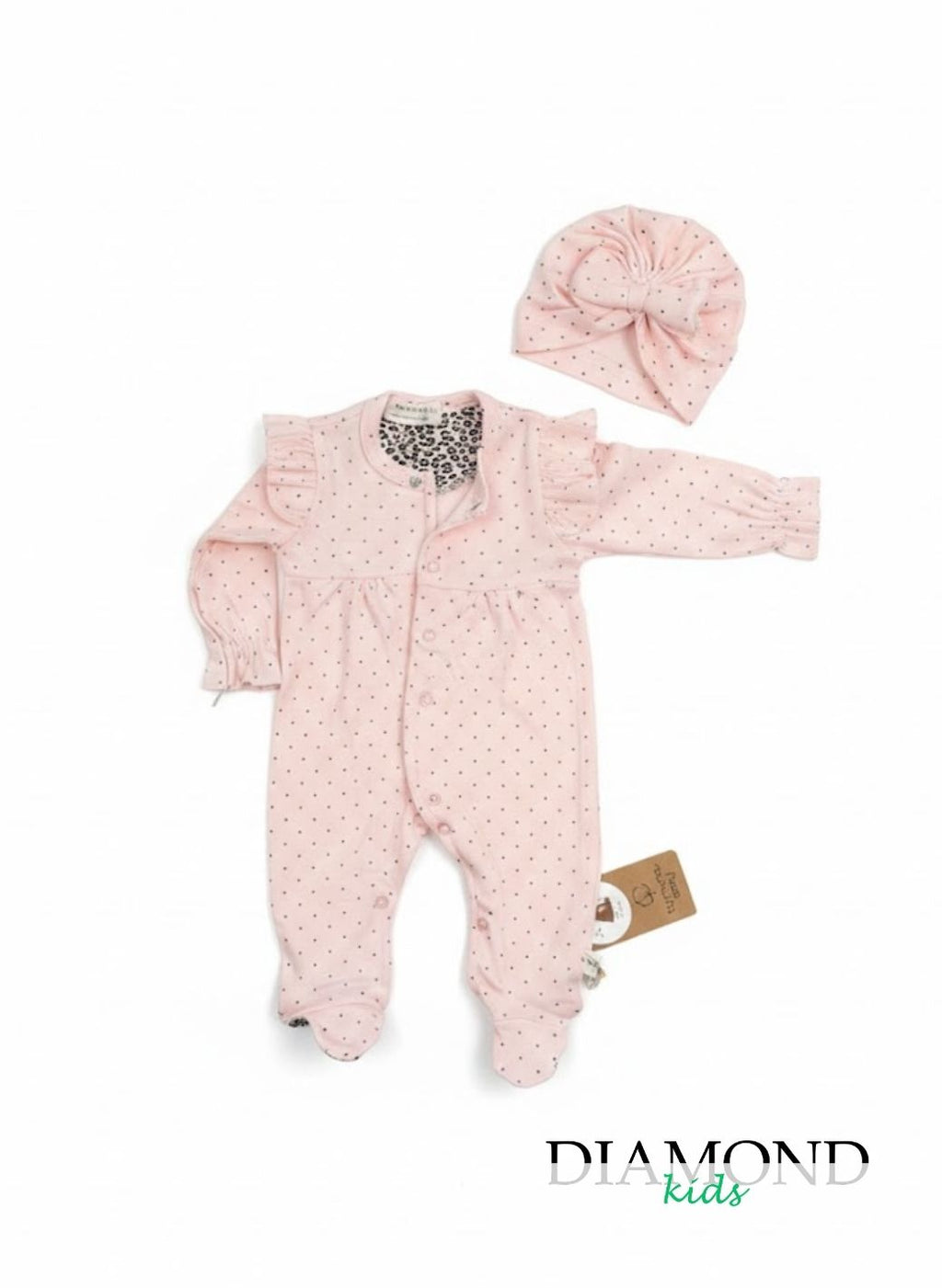 Tutina Neonata pois animalier maxi cuffietta fiocco rosa