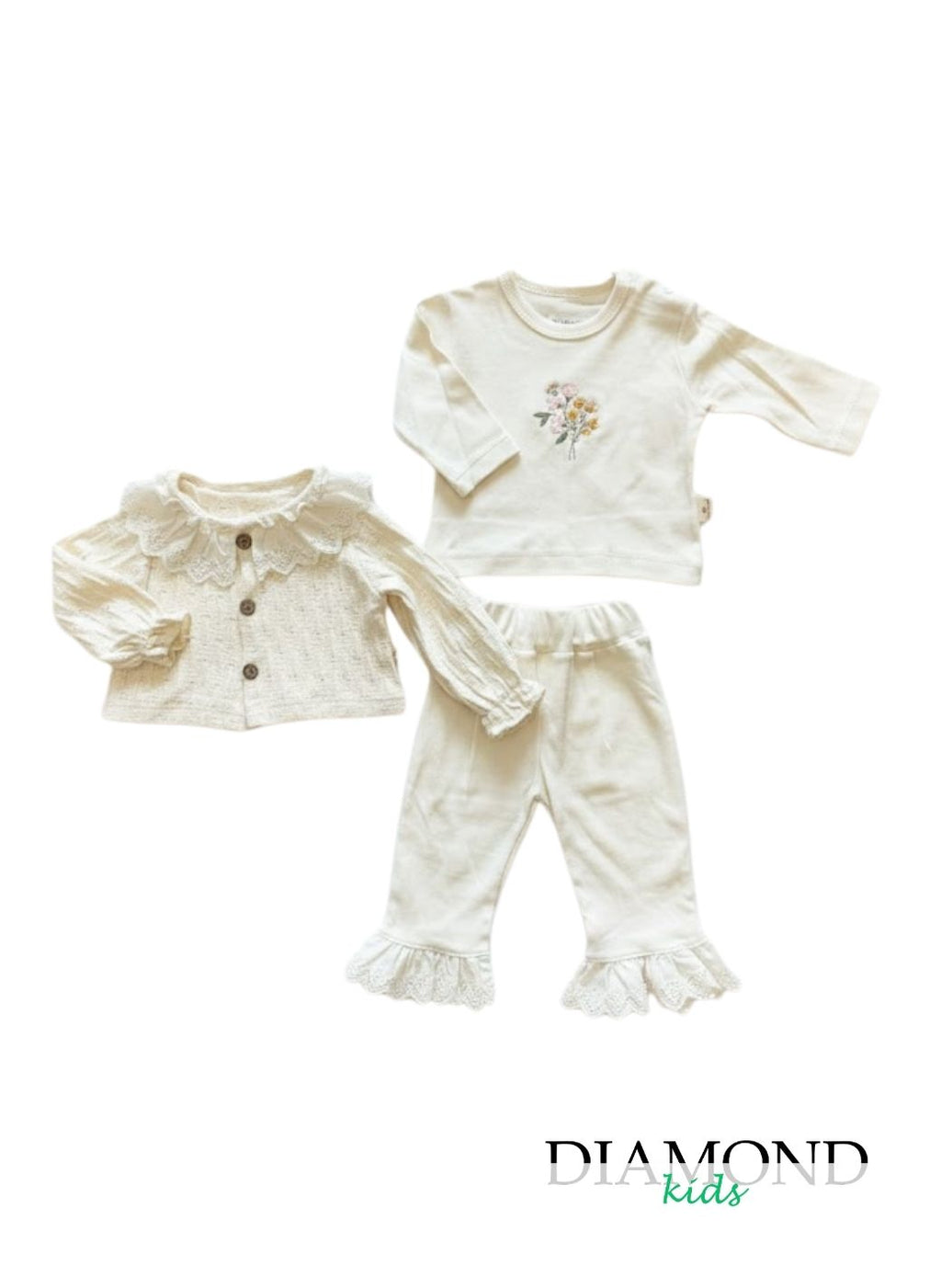 Completo Neonata Pizzo fiori bianco panna