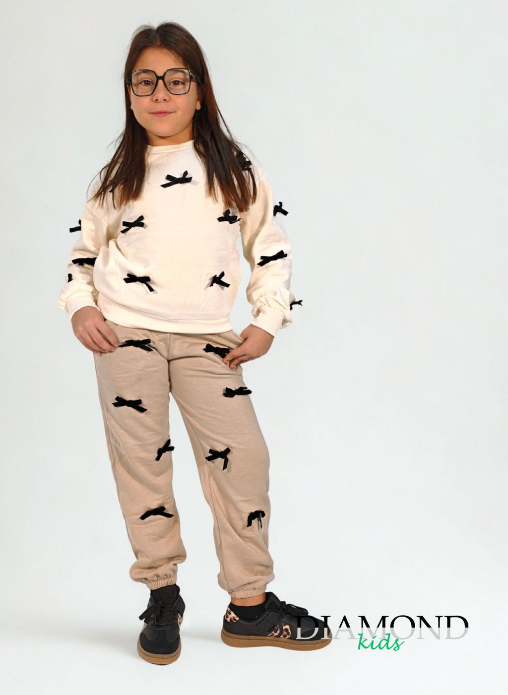 Completo Bambina tuta fiocchi beige e panna