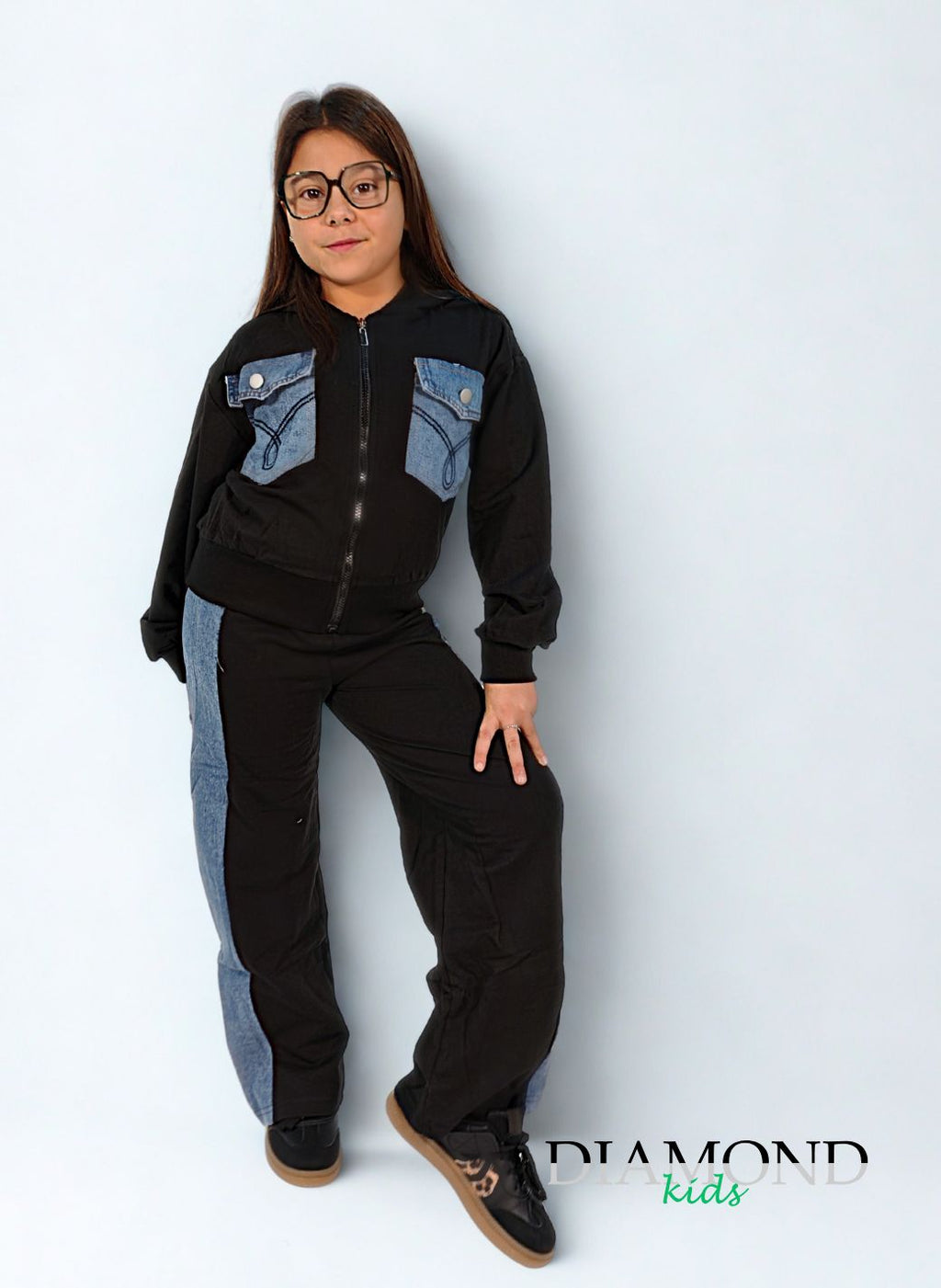 Completo Bambina tasche denim zip nero
