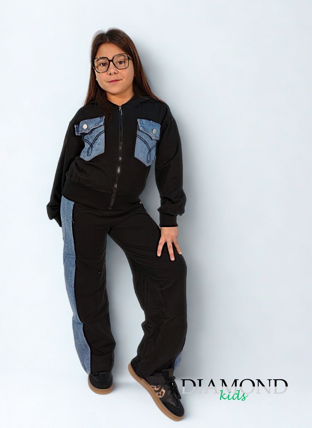 Completo Bambina tasche denim zip nero
