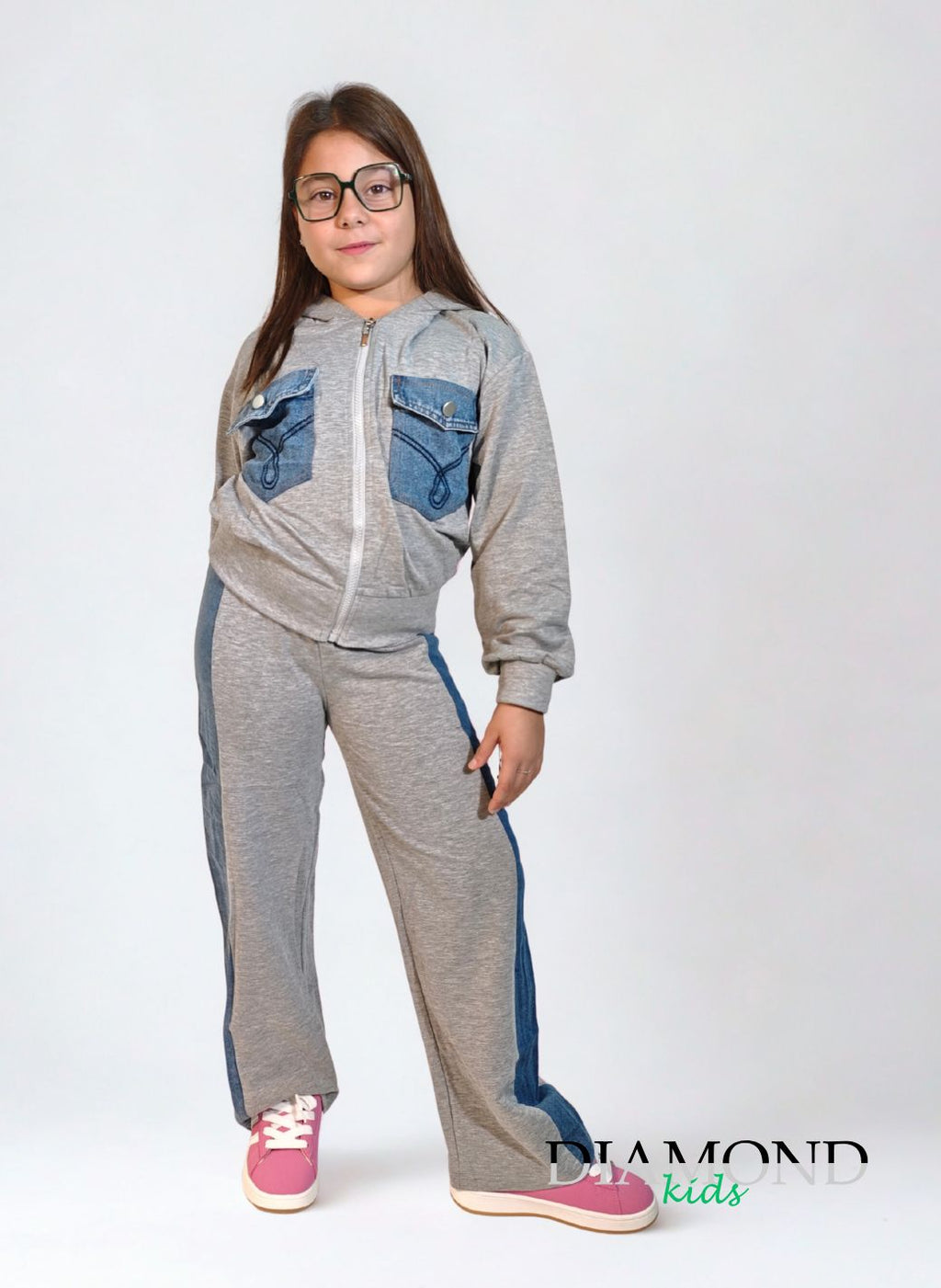 Completo Bambina tasche denim zip grigio