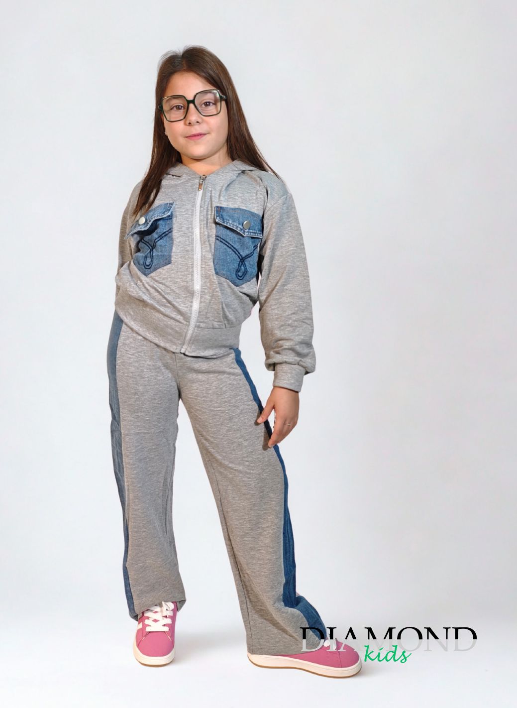 Completo Bambina tasche denim zip grigio