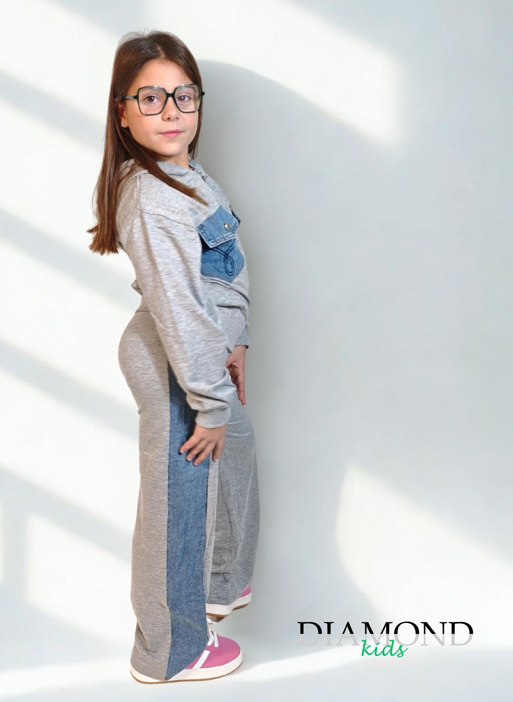 Completo Bambina tasche denim zip grigio