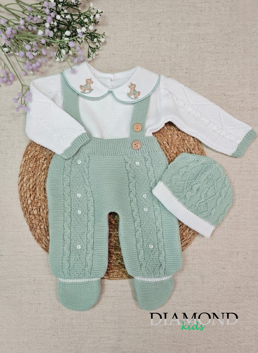 Completo Neonato Filo Cavallo a dondolo  unisex verde salvia