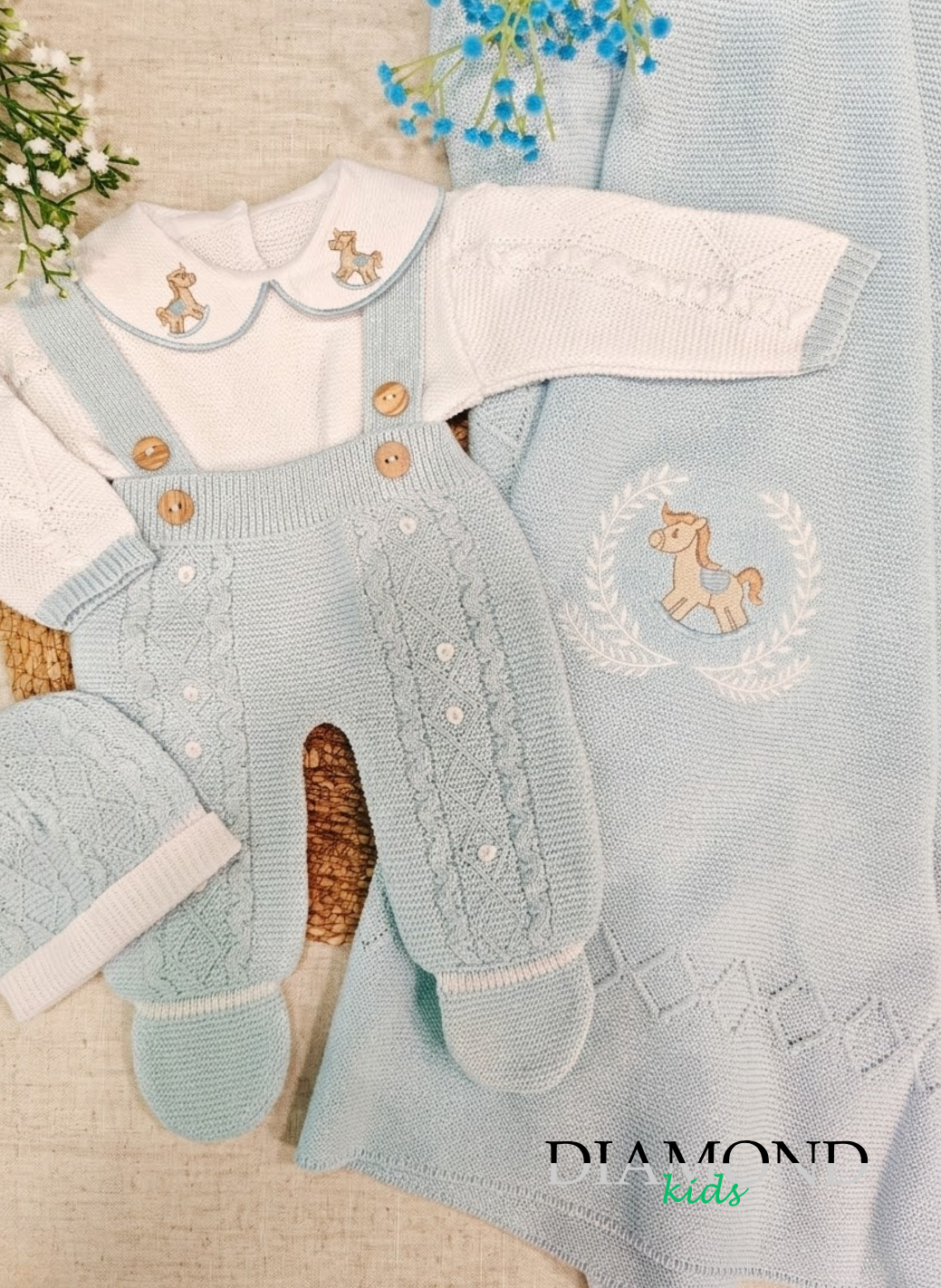 Set Neonato filo cavallo a dondolo celeste unisex