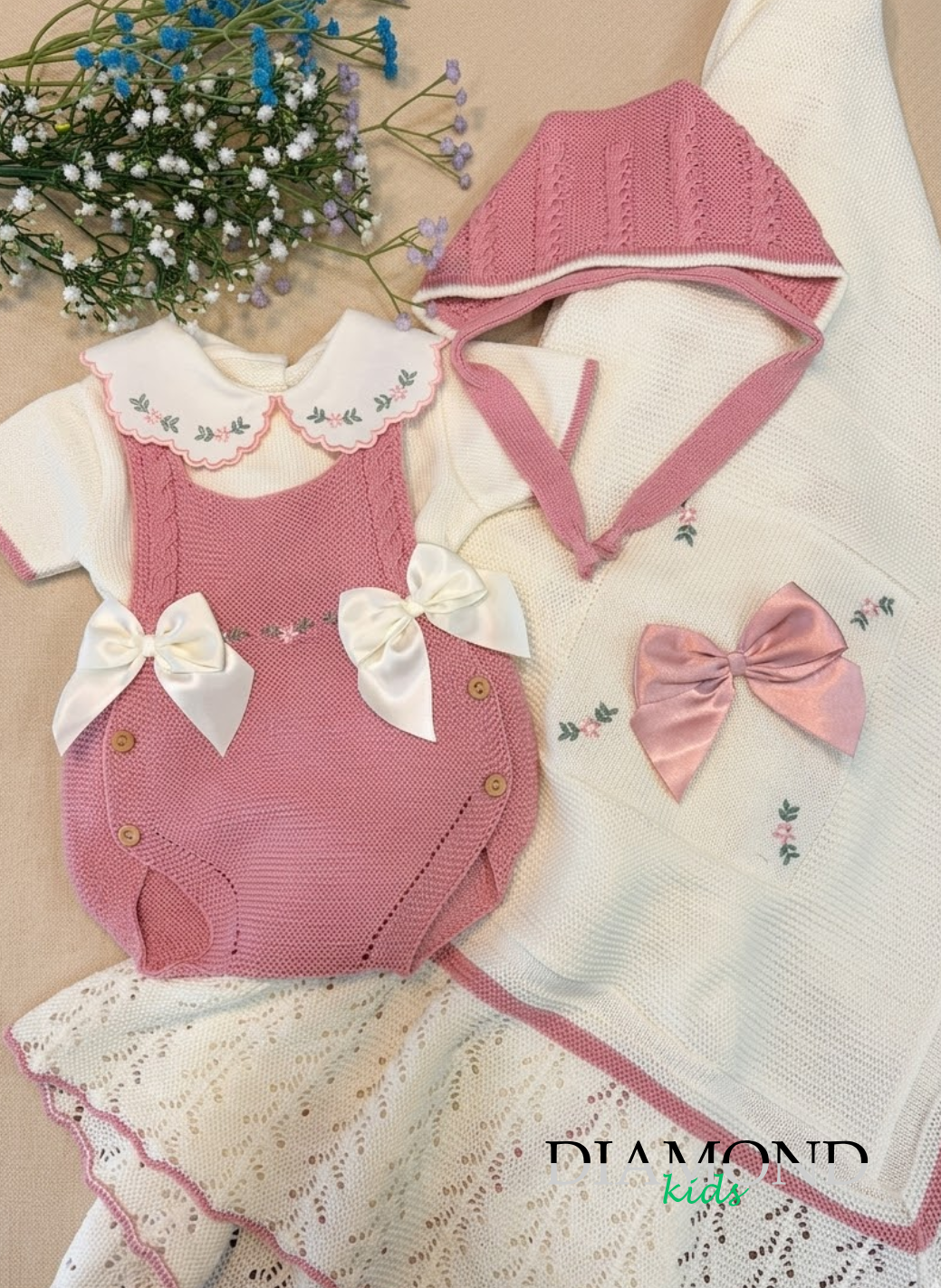 Set Neonata filo Fiori e fiocchi rosa e bianca