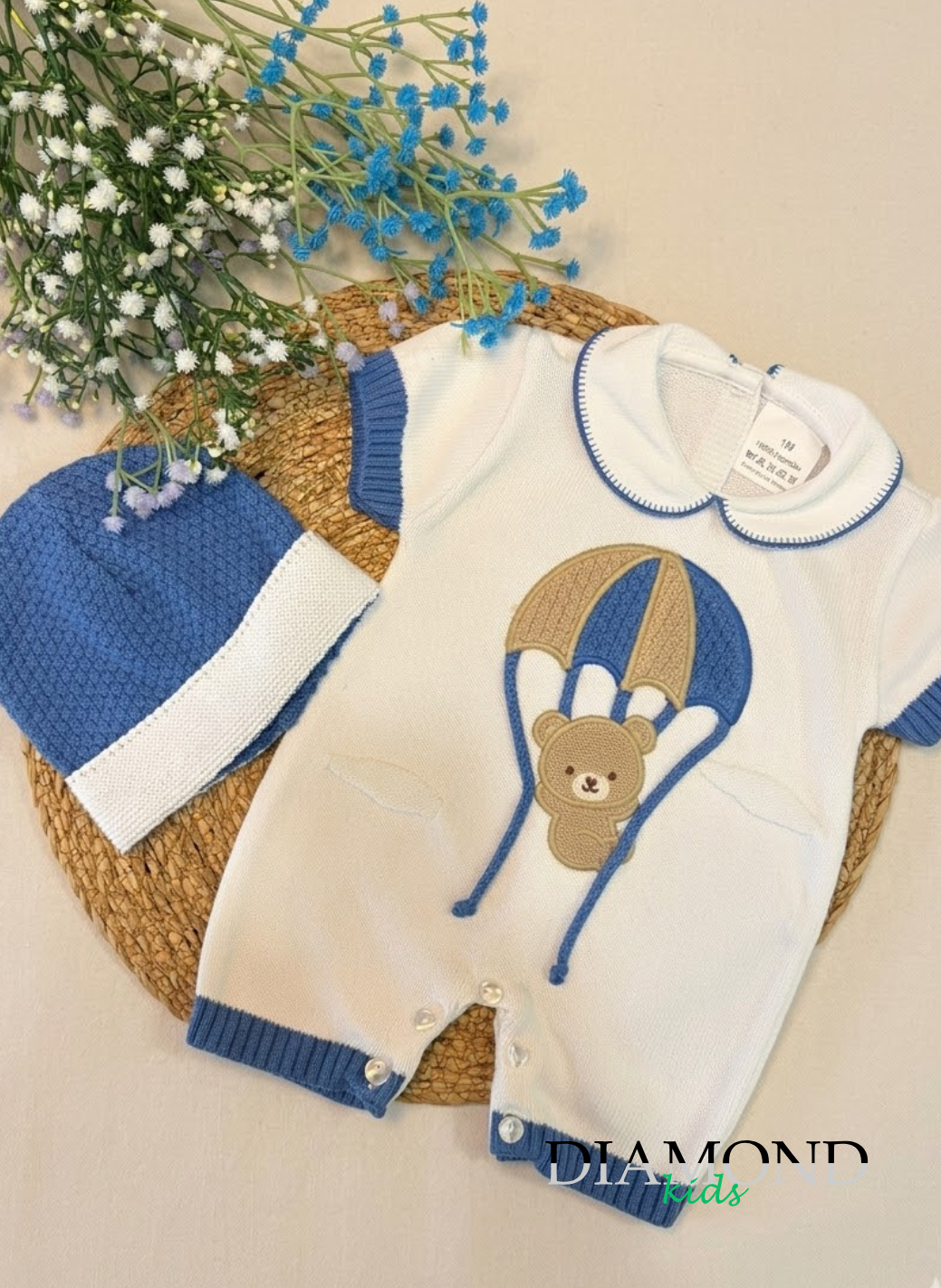 Completo Neonato Filo Orsetto Mongolfiera bianco blu unisex