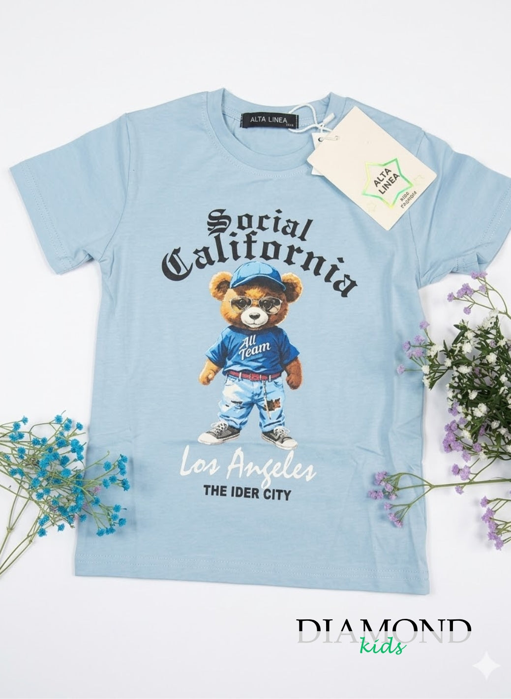 T-shirt Bambino Orso Social California celeste