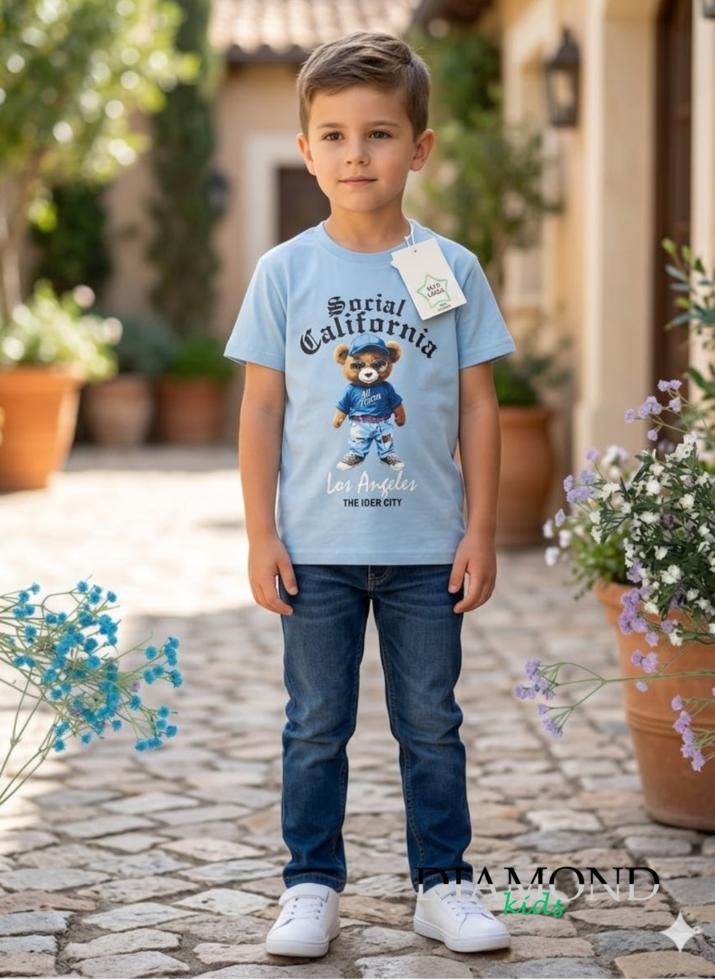 T-shirt Bambino Orso Social California celeste
