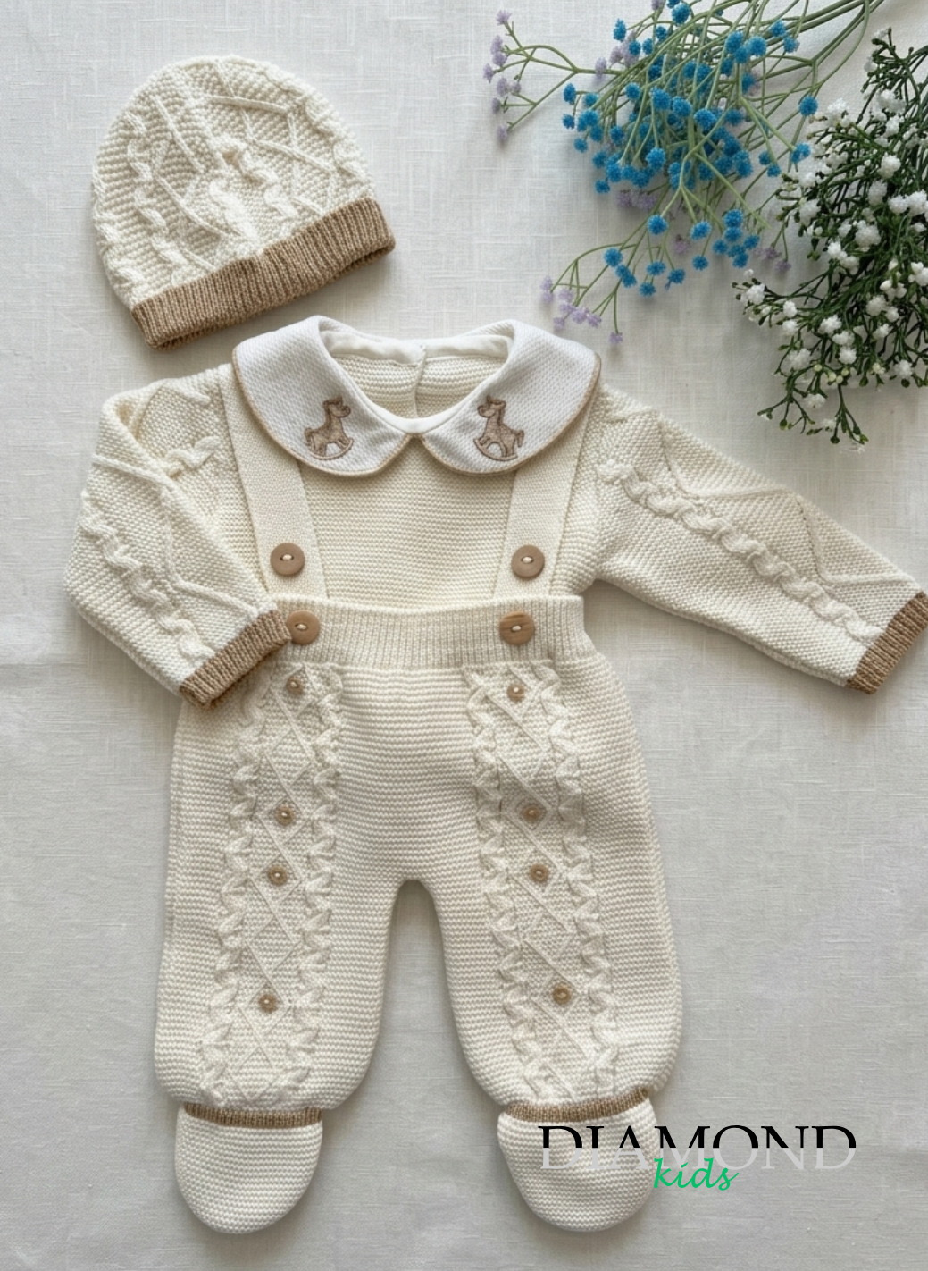 Set Neonato filo Cavalluccio lungo beige crema