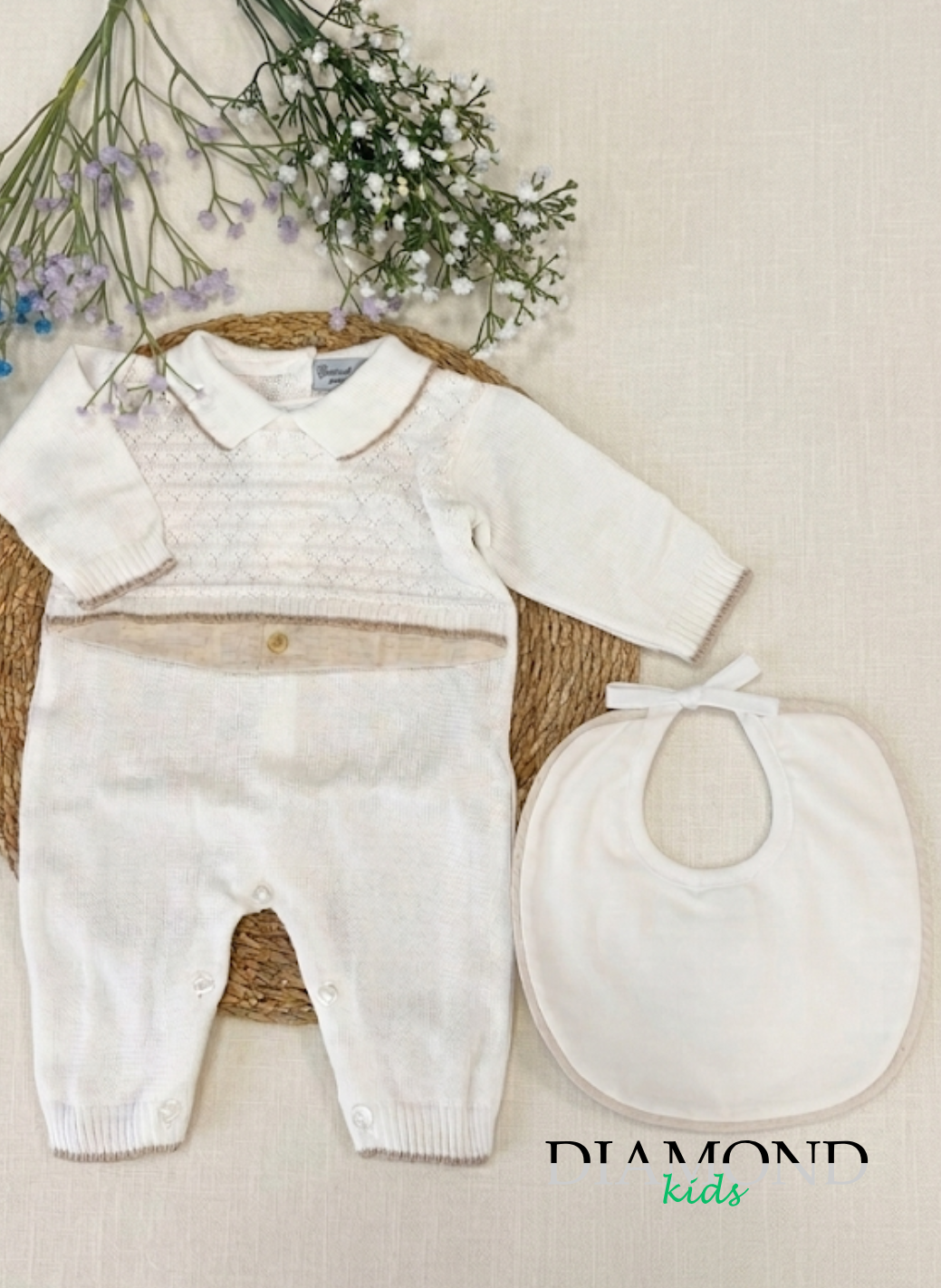 Corredino Neonato unisex ricamo bianco e beige