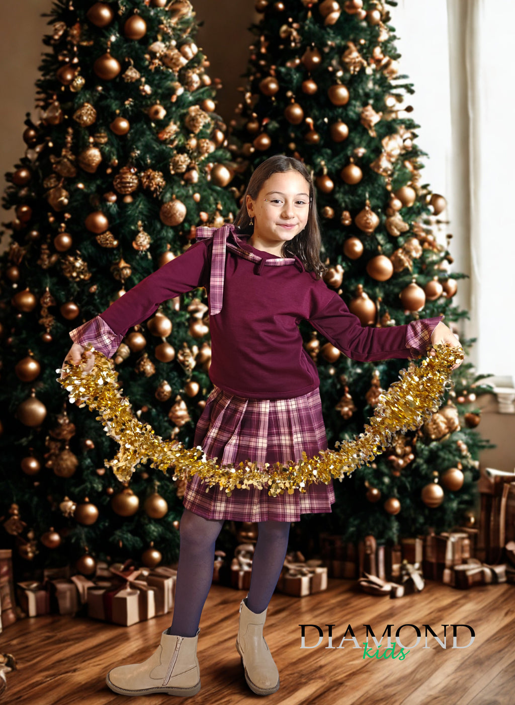 Completo Bambina Tartan Fiocco Bordeaux