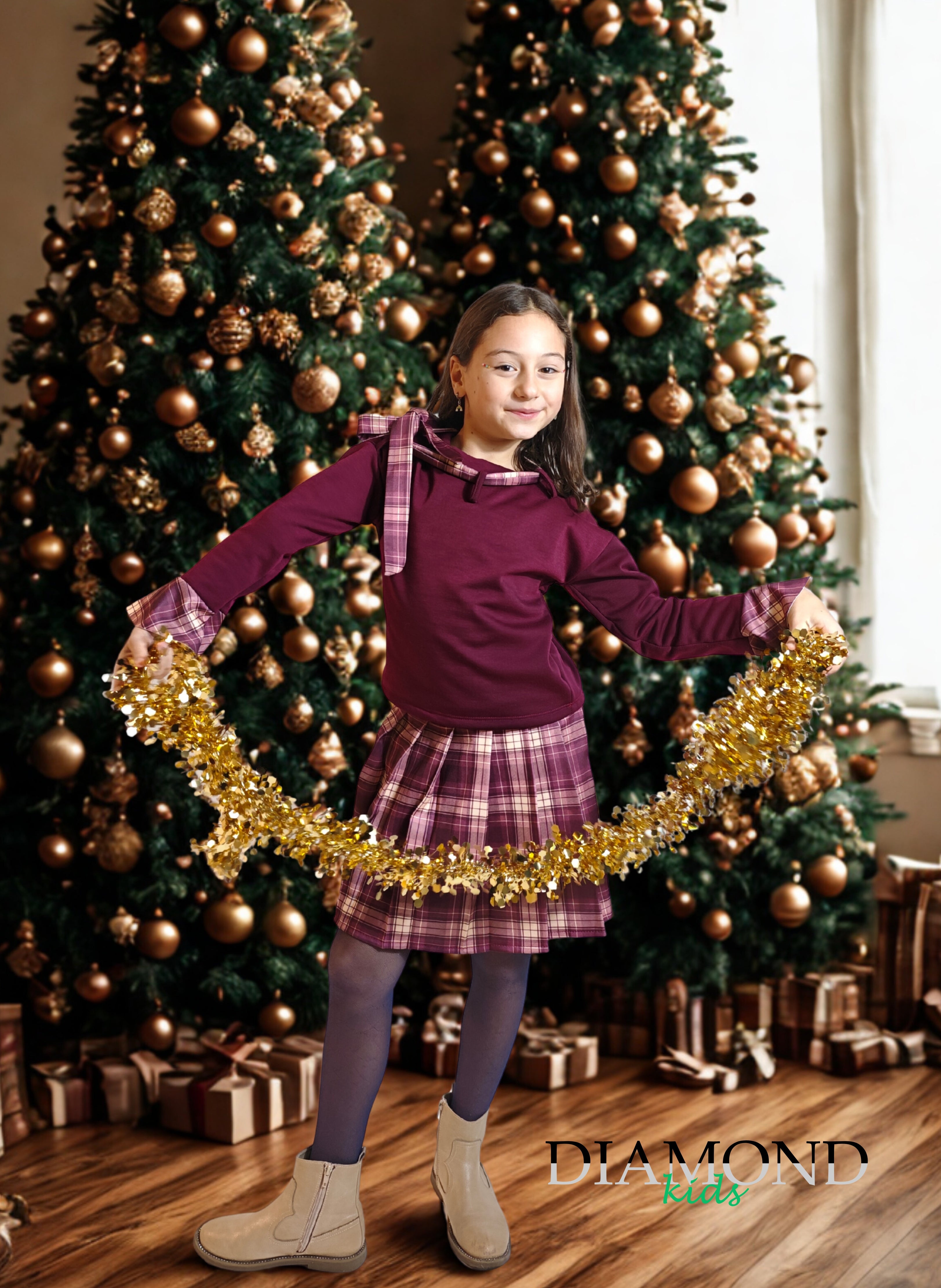 Completo Bambina Tartan Fiocco Bordeaux