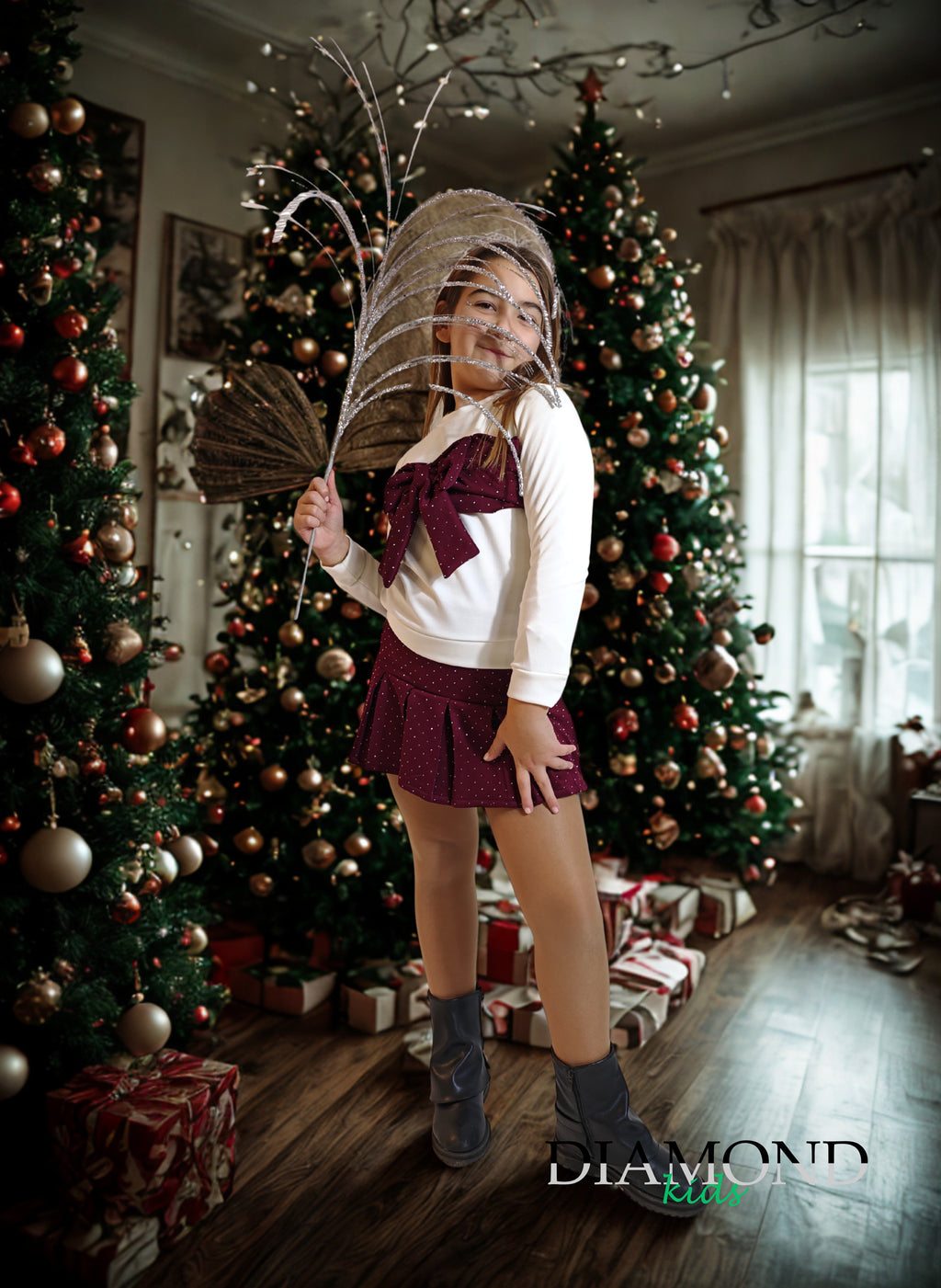 Completo Bambina Fiocco Strass Bordeaux