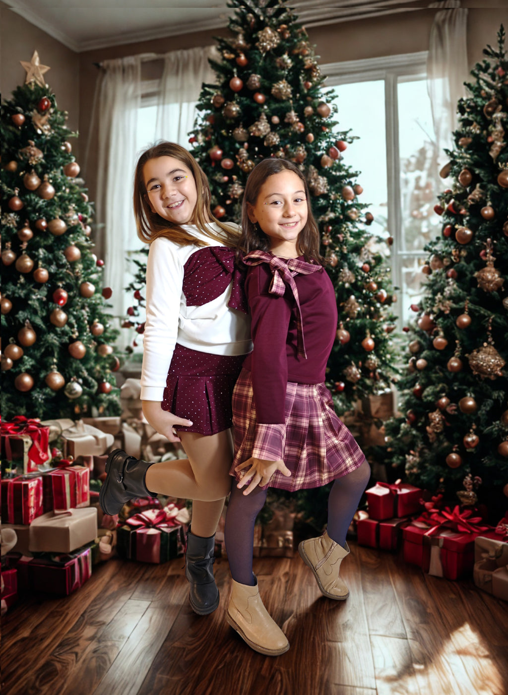 Completo Bambina Tartan Fiocco Bordeaux