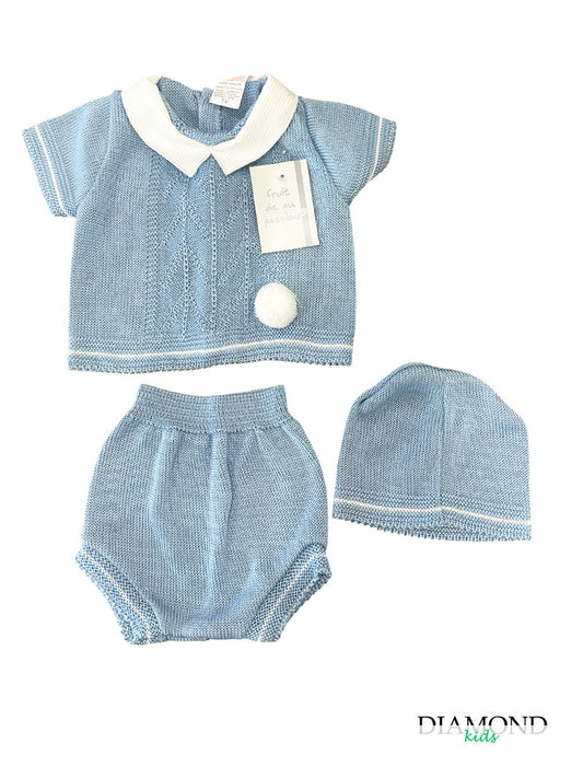 Completo Neonato Filo ponpon celeste
