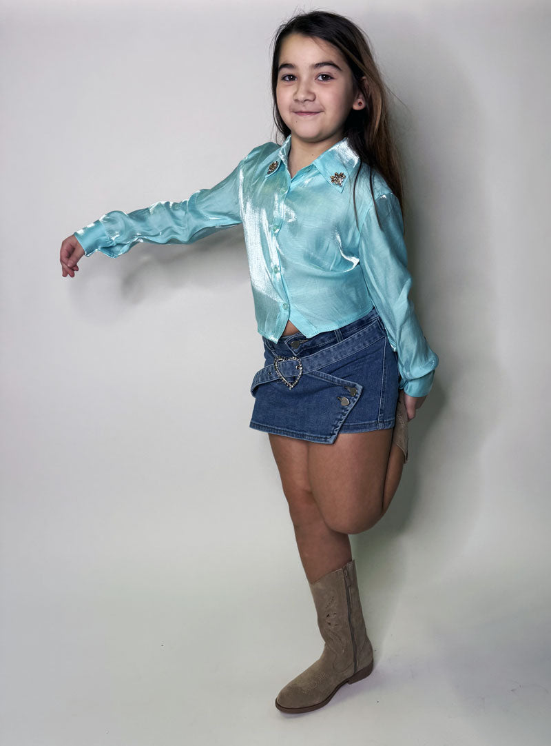 Camicia Bambina Strass turchese