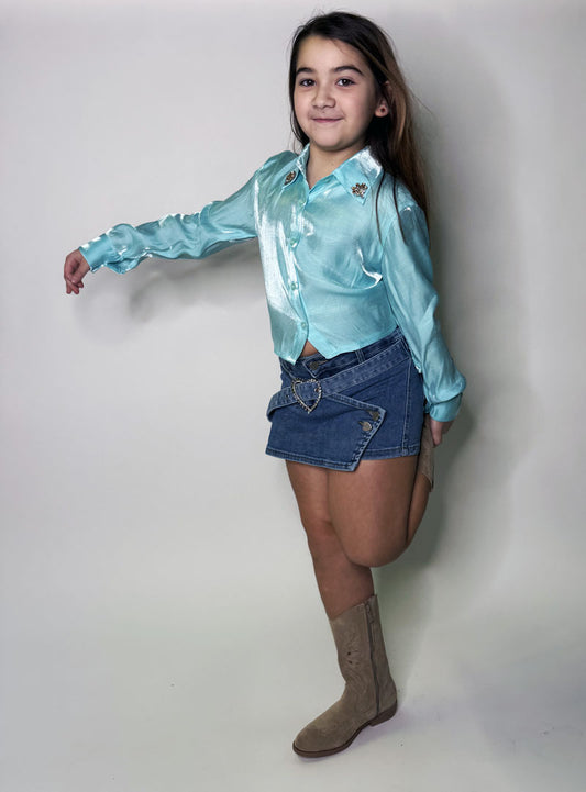 Camicia Bambina Strass turchese