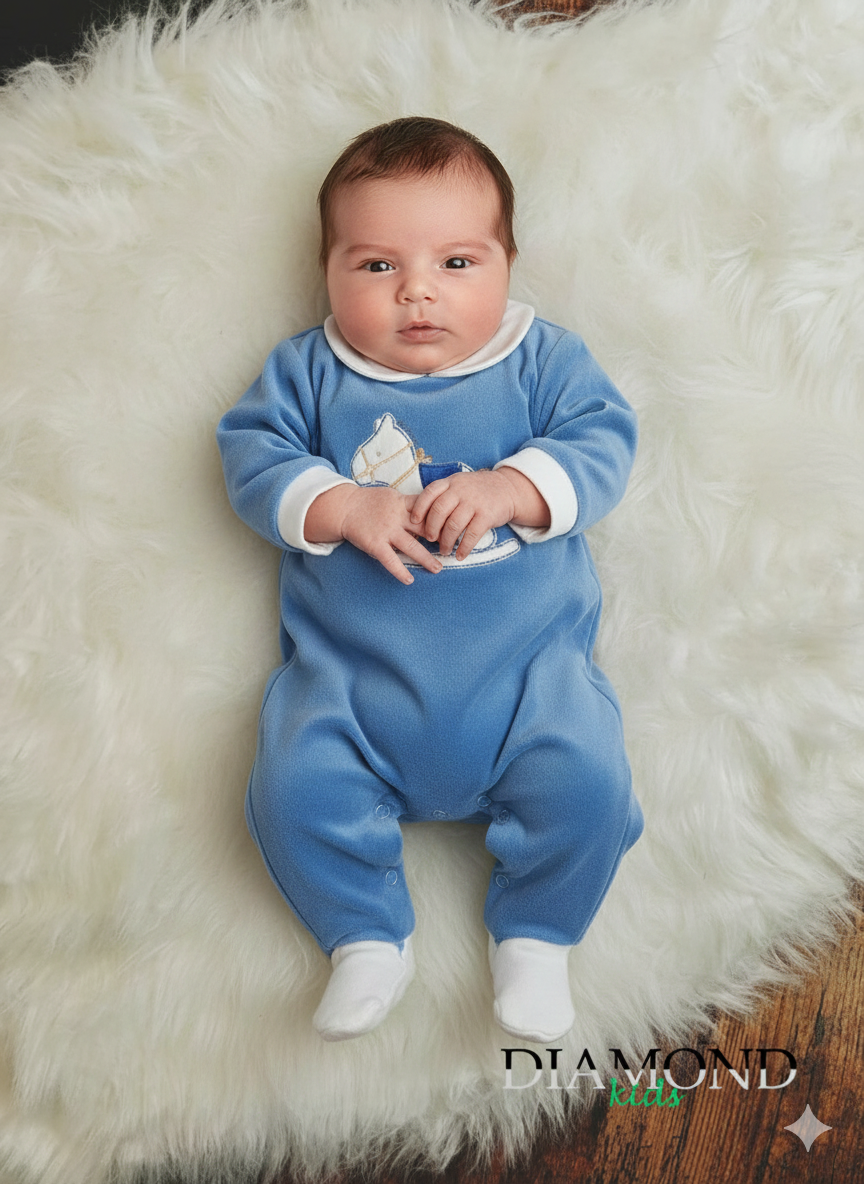 Tutina Neonata Cavallo a dondolo ciniglia blu