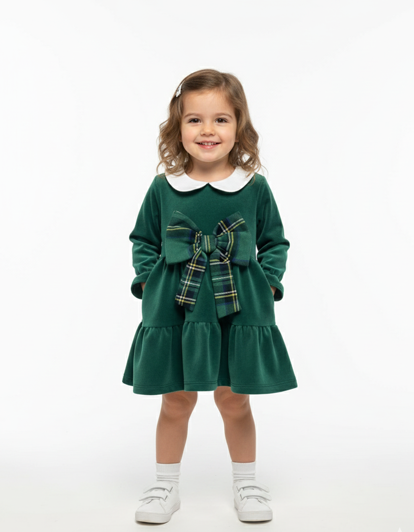 Abito Neonata Scozzese Fiocco velluto verde