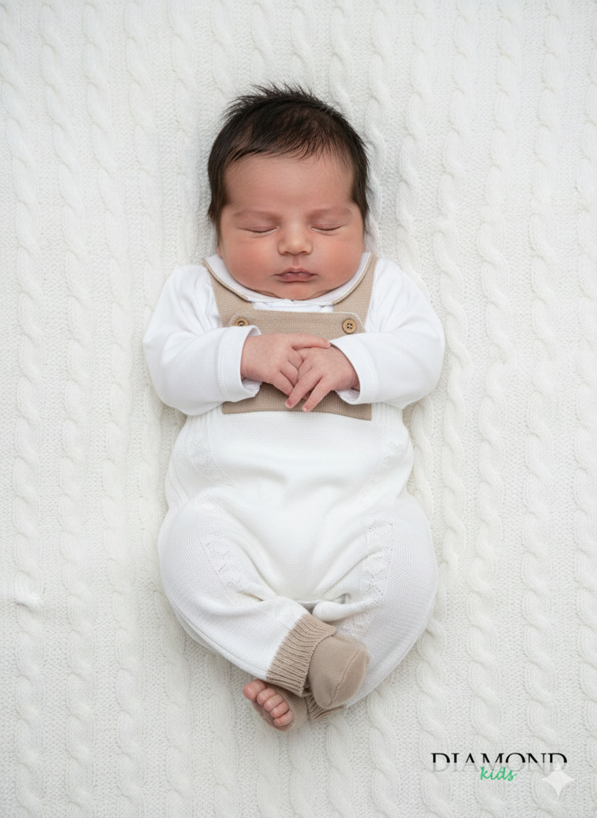 Completo Neonato Unisex salopette bianco beige