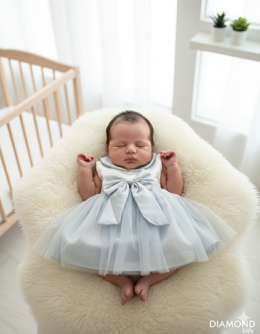 Abito neonato tulle fiocco coprispalle grigio cielo