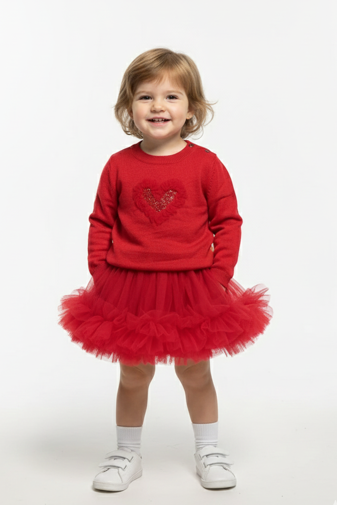Red Heart Baby Girl Set with Tulle Skirt