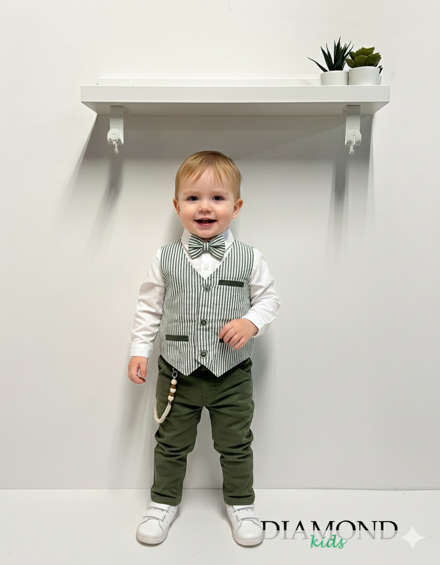 Completo Neonato Panciotto righe papillon verde