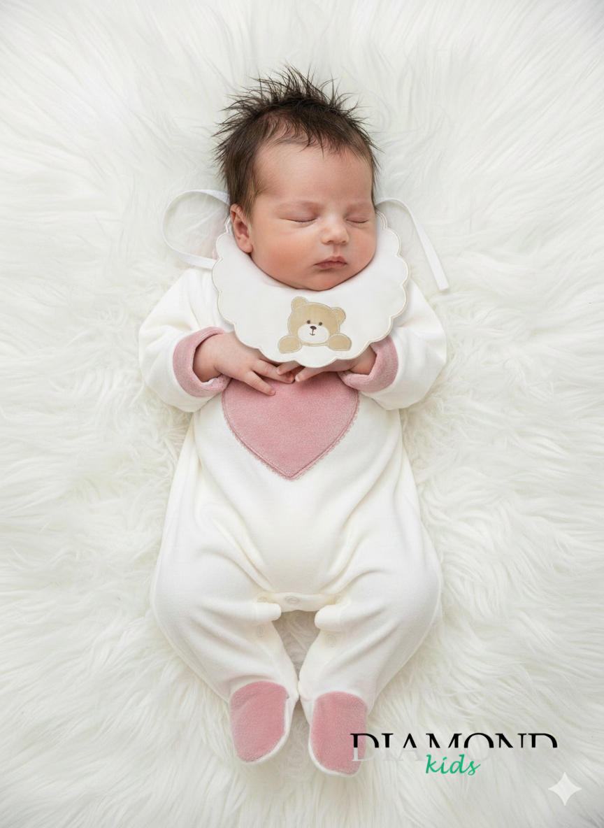 Bavetta Neonato Orso bianca e beige