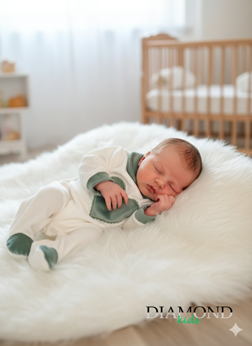 Tutina Neonata Cuore ciniglia bianca e verde salvia