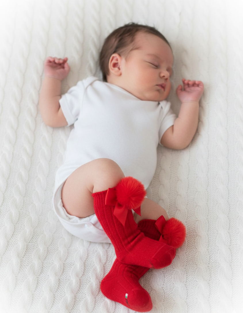 Baby Socks Cuddles Red Pom Poms 