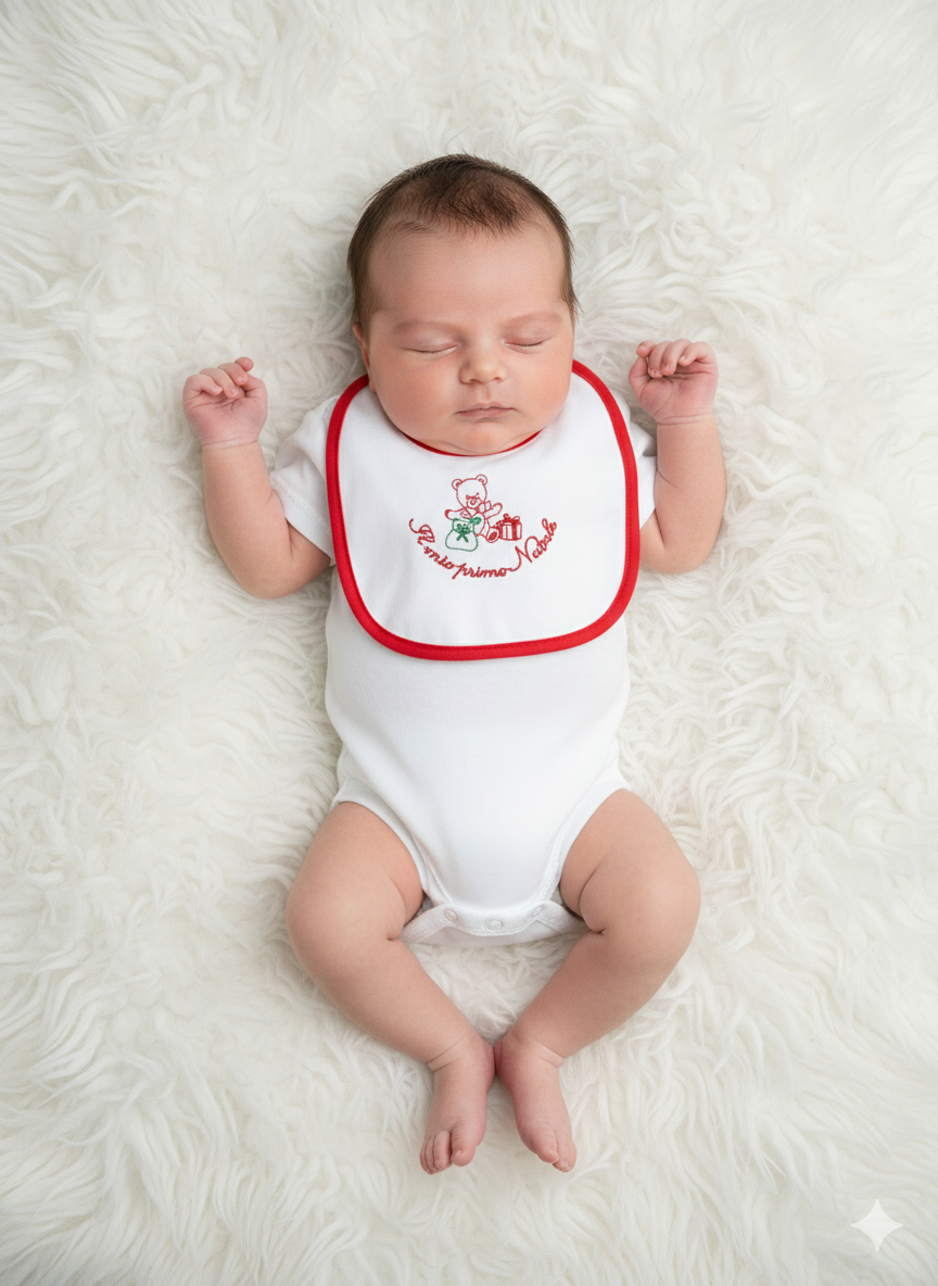 Bavetta Neonato Primo Natale Orso bianca e rossa