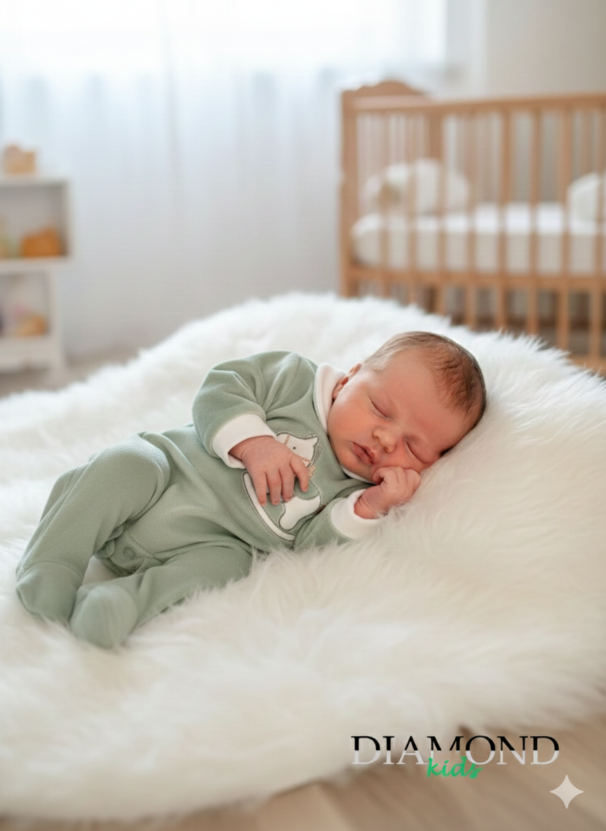 Tutina Neonata Cavallo a dondolo ciniglia verde salvia