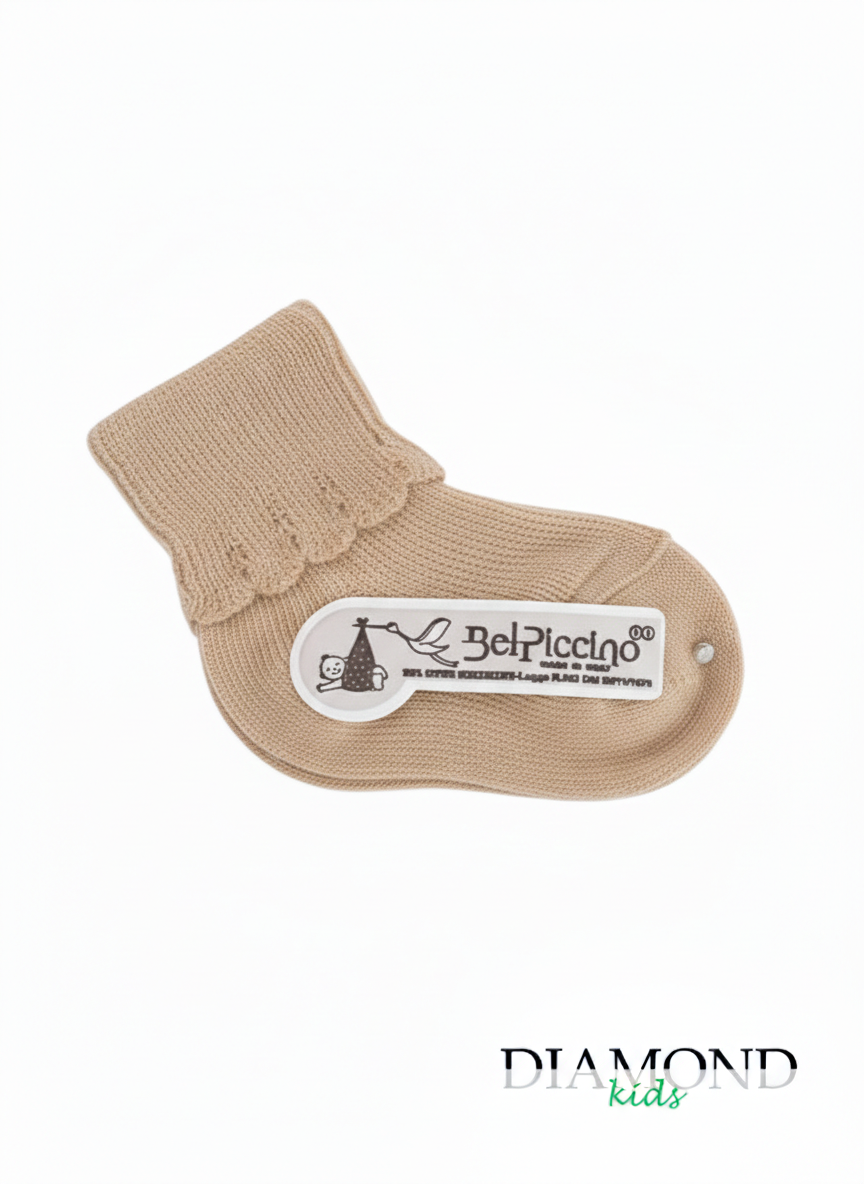 Calzino Neonata Bel Piccino ricami beige scuro